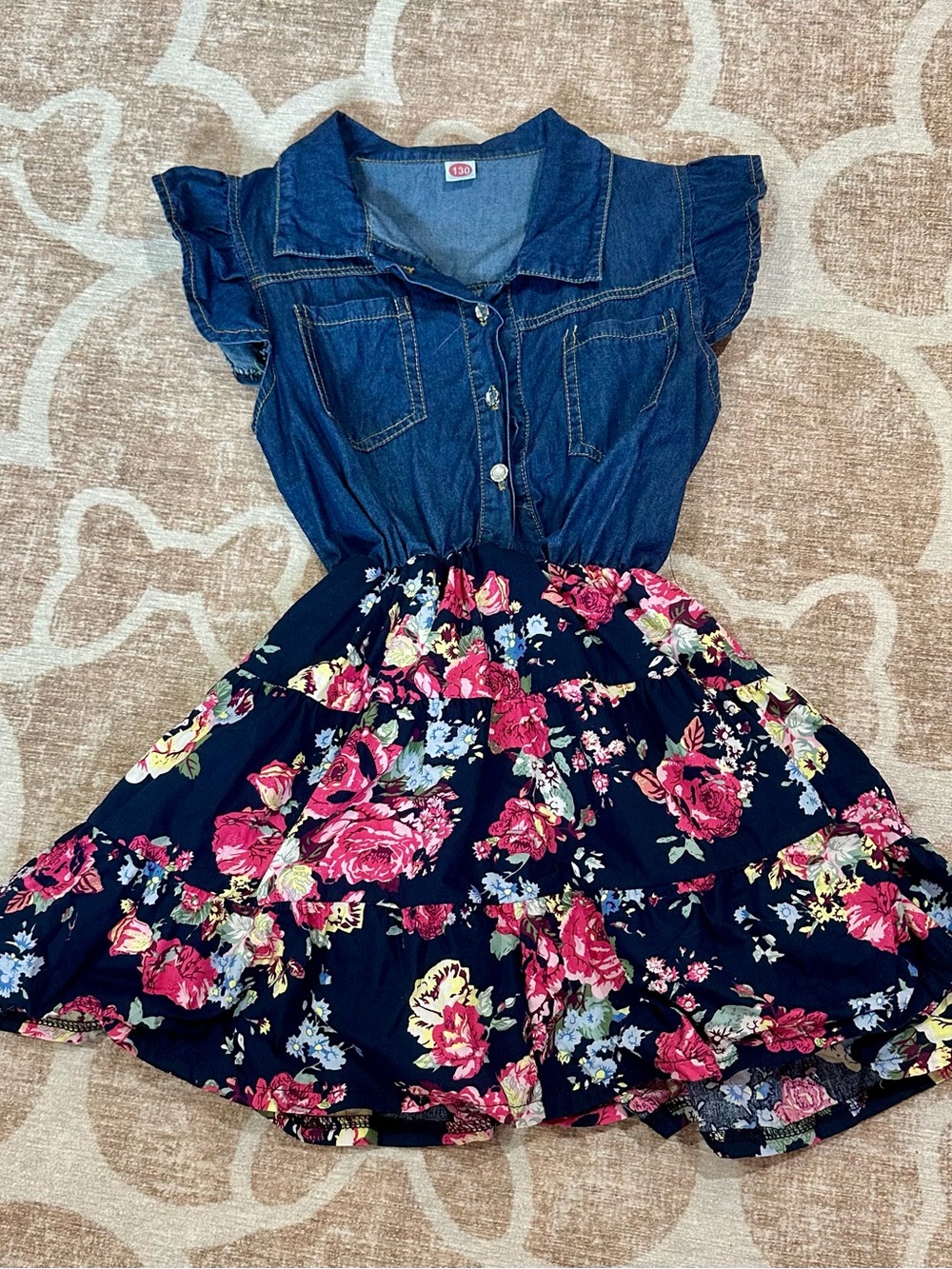 Denim & Floral Girls' Dress - Navy with Pink Floral